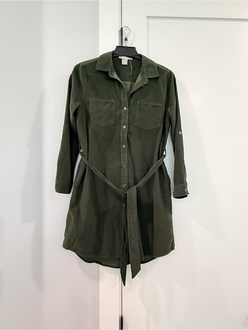 Lucky Brand Women's Dark Green Button Down Shirt Dress with Tie Belt Collared S